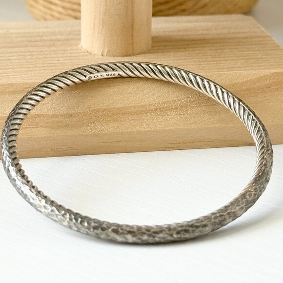 David Yurman 925 Silver Cable 4mm Hammered Bangle Bracelet - Picture 1 of 4